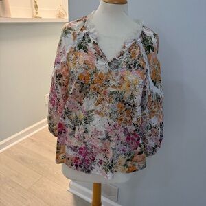 Floral Lace-Trim V-Neck Blouse - Multicolor
